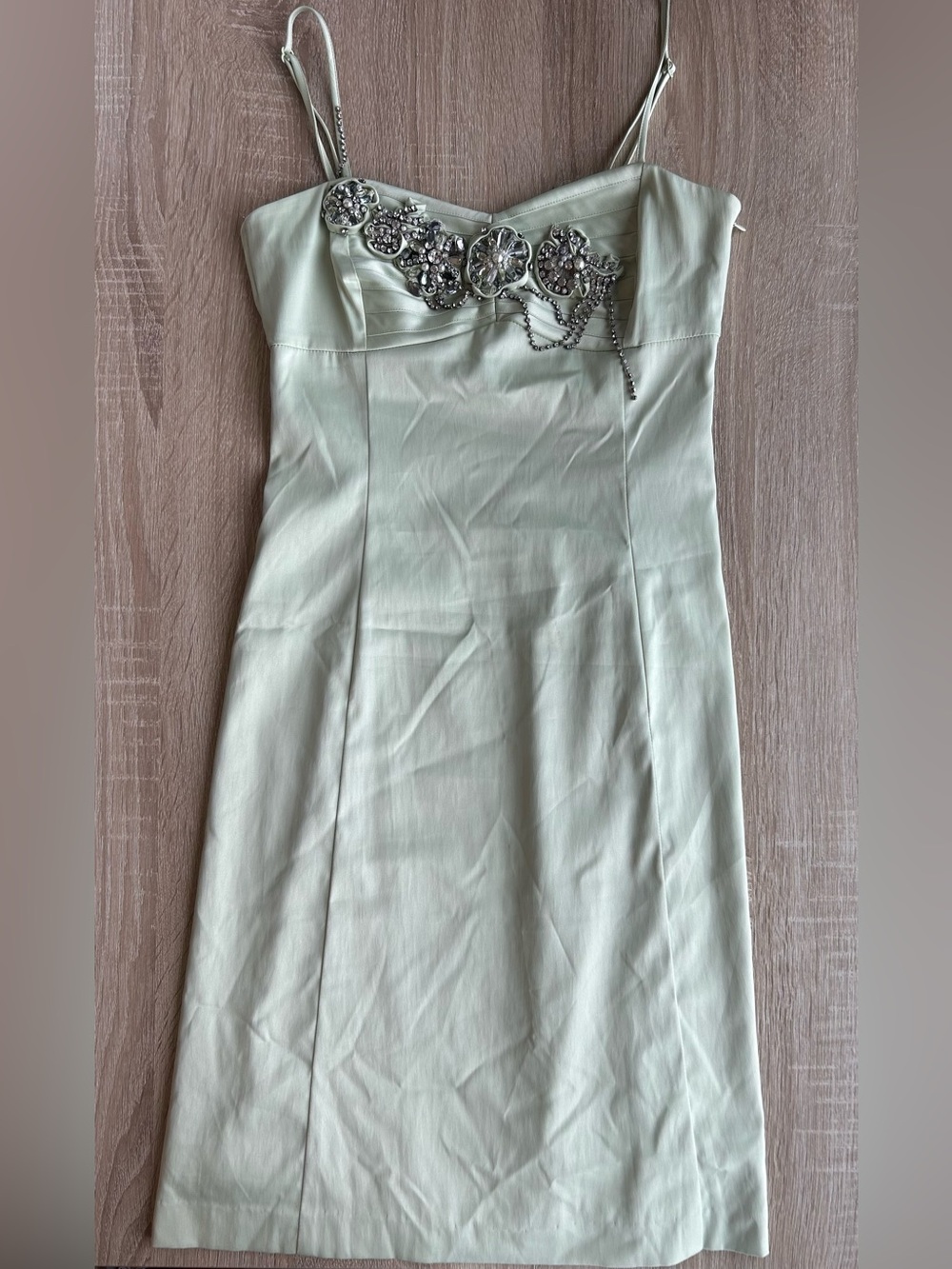 Karen Millen Y2K Embellished Light Green Spaghetti Satin Strap Dress 4 S